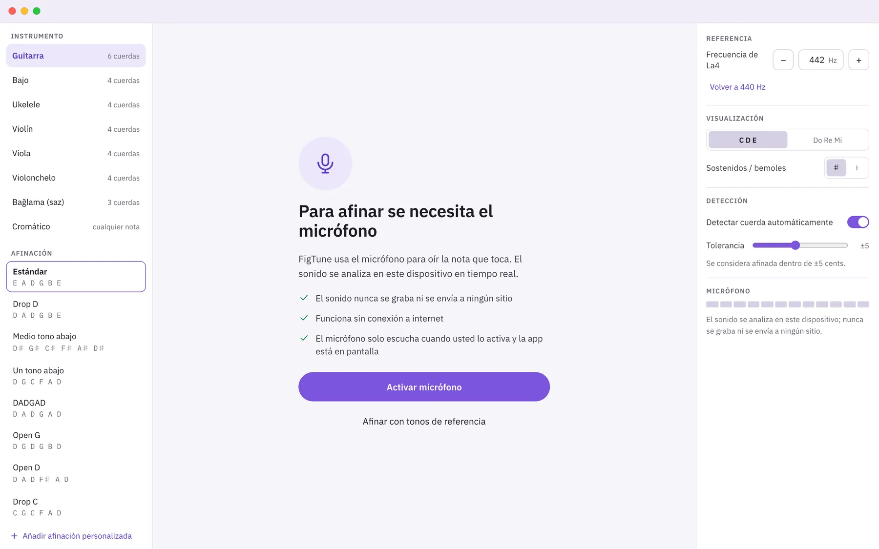 Captura de pantalla de Sintona: área de trabajo con contenido de ejemplo