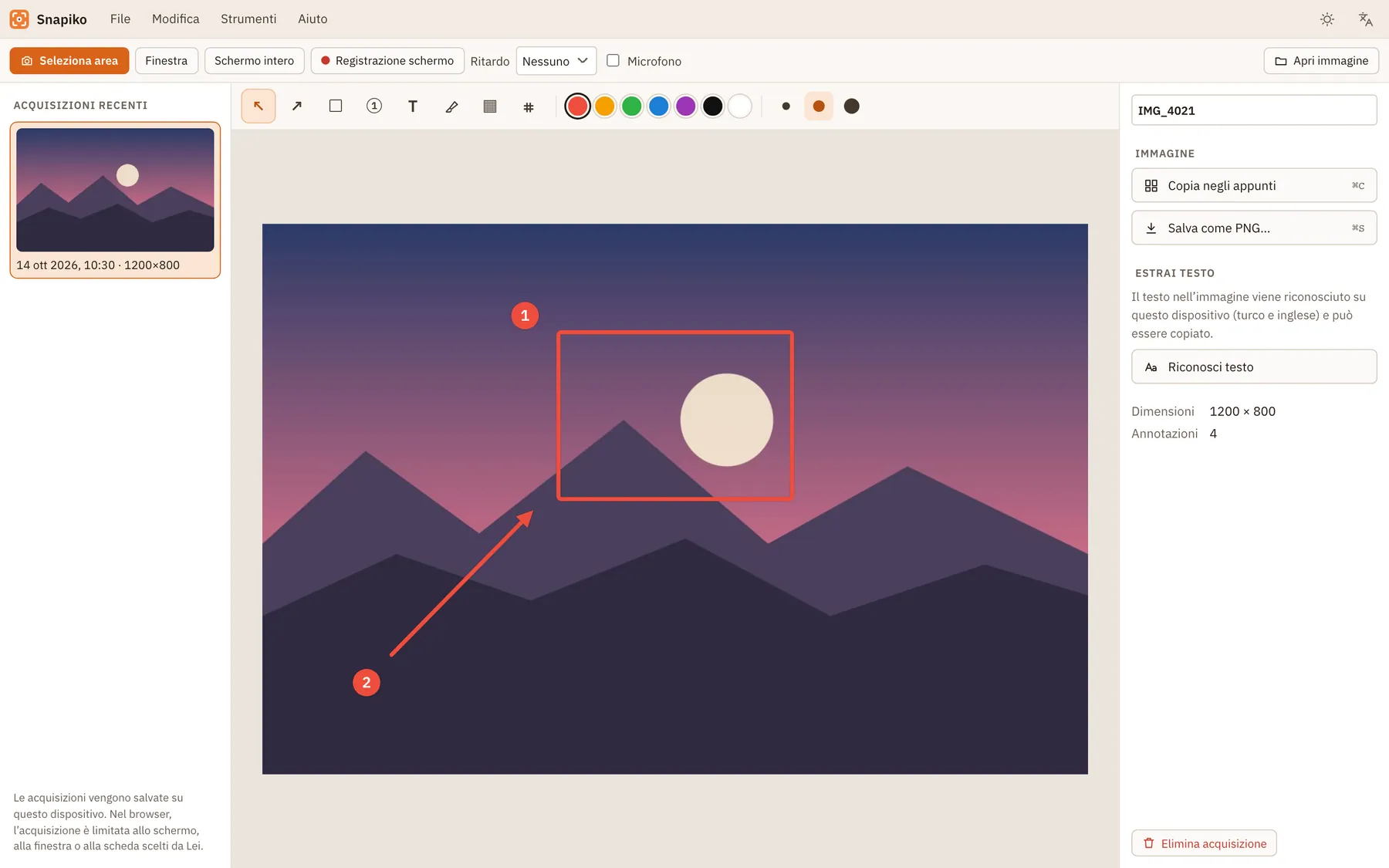Screenshot di Snapiko: area di lavoro con contenuto di esempio