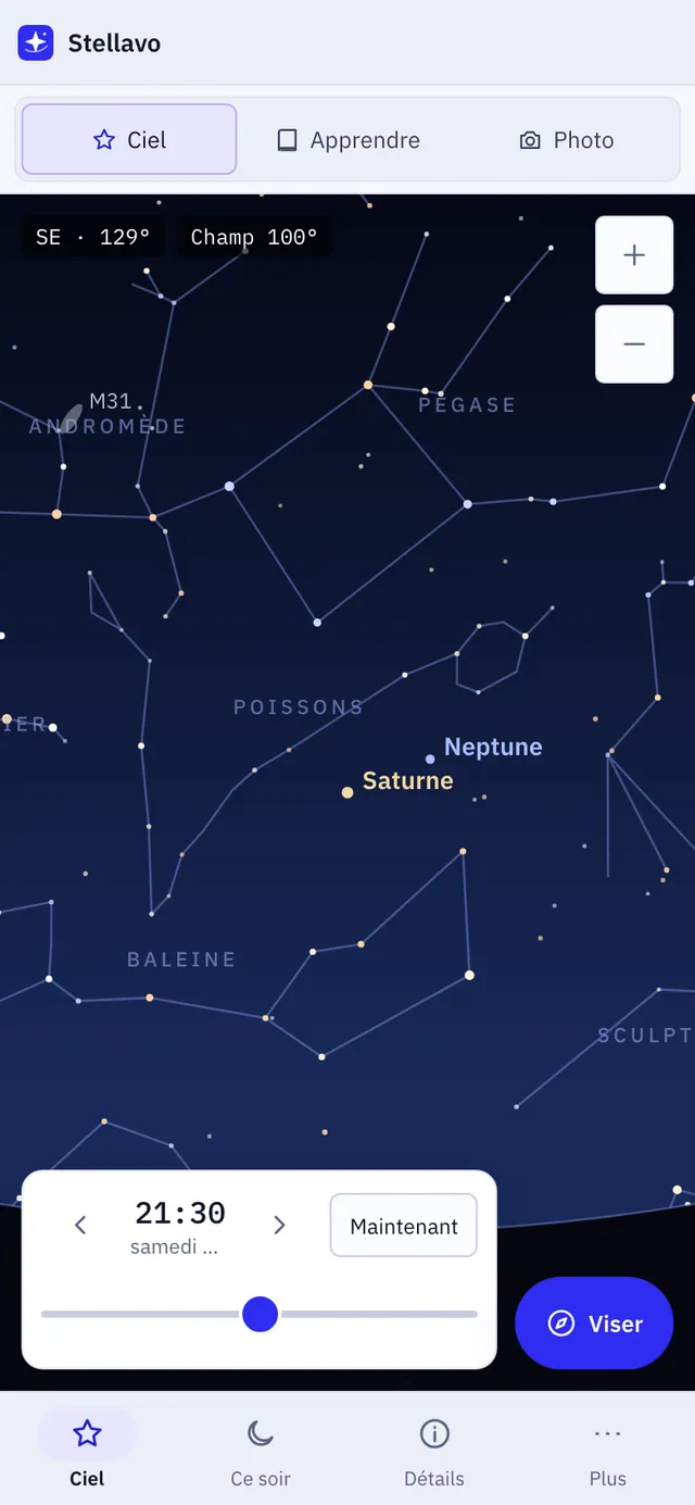 Capture d'écran de Stellavo : espace de travail avec un contenu d'exemple