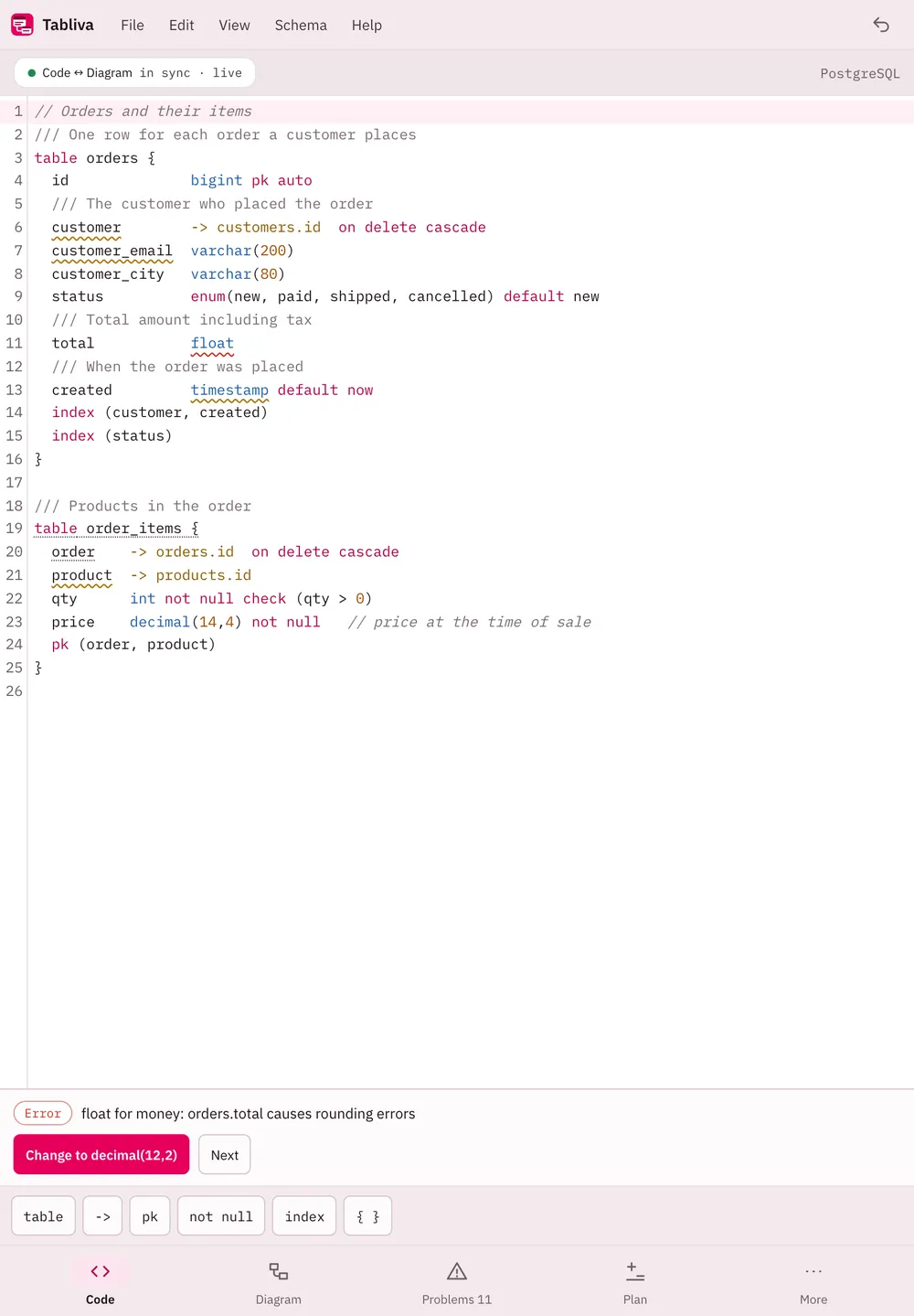Tabliva screenshot: workspace with sample content