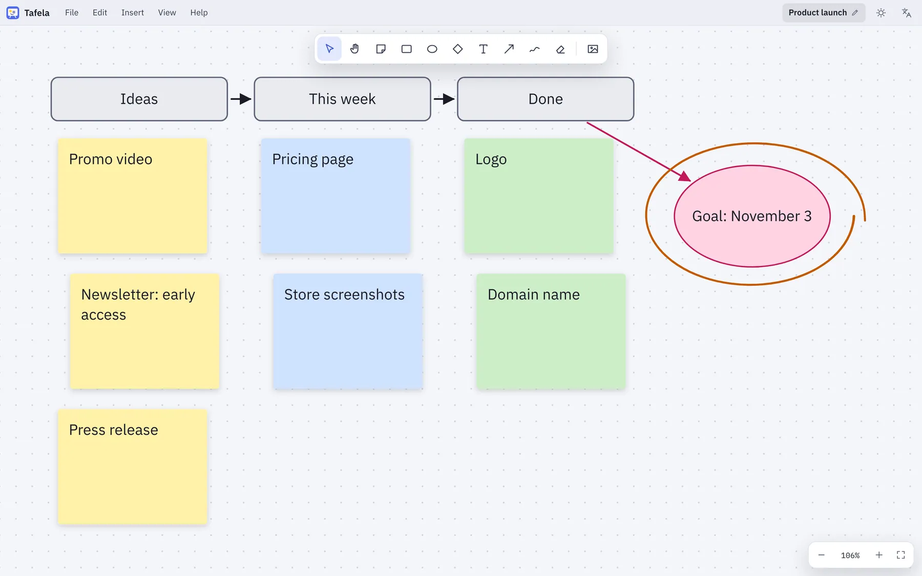 Tafela screenshot: workspace with sample content