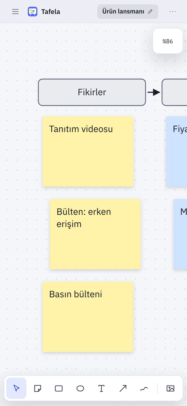 Tafela ekran görüntüsü: örnek içerikle çalışma alanı