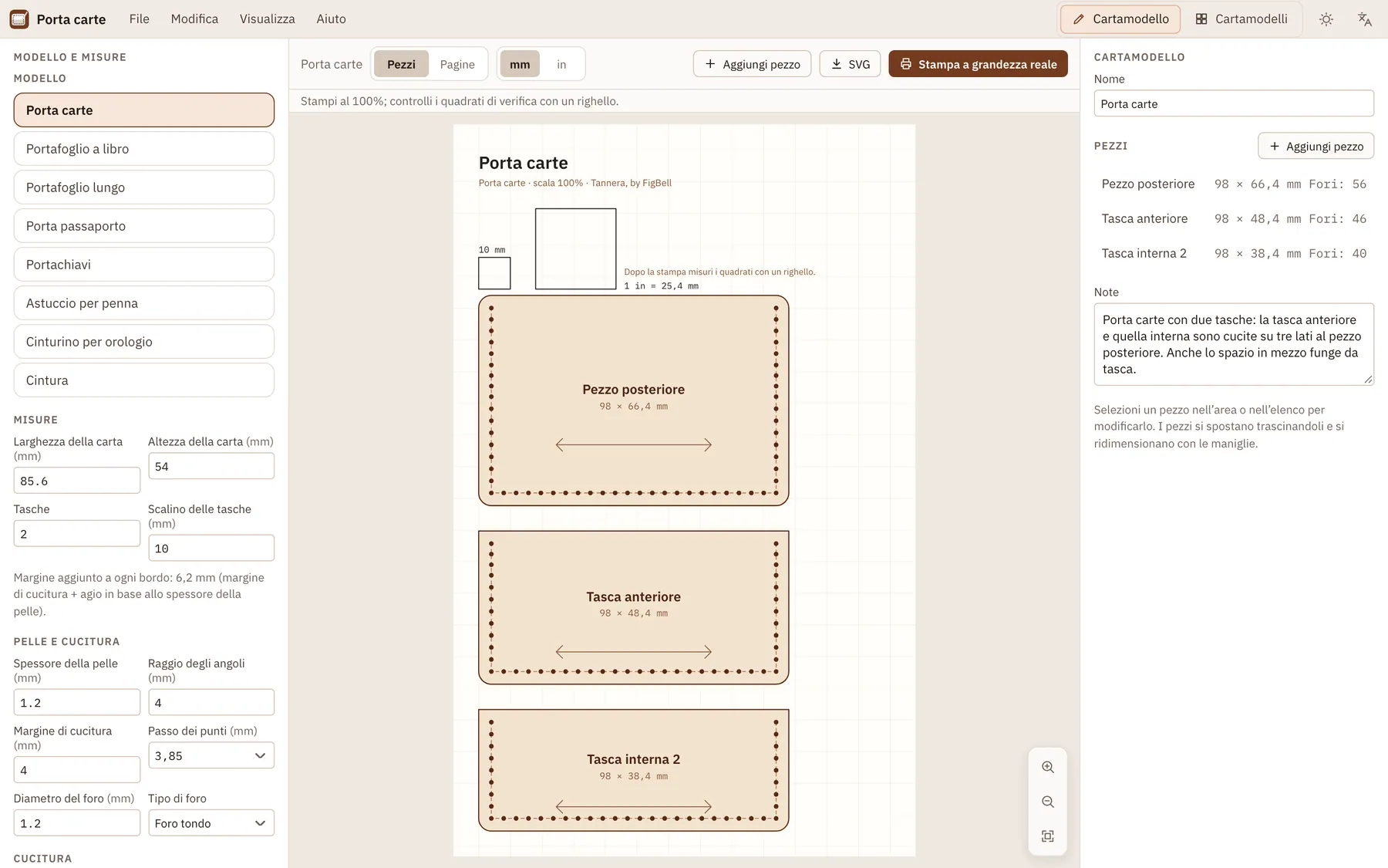 Screenshot di Tannera: area di lavoro con contenuto di esempio