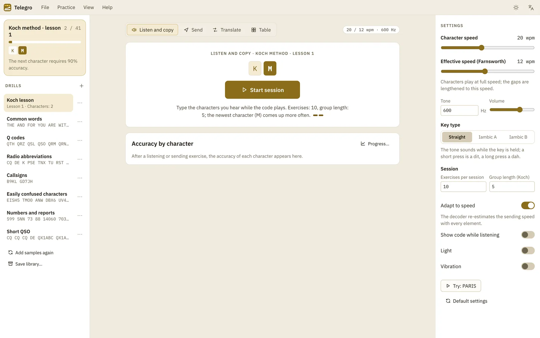 Telegro screenshot: workspace with sample content