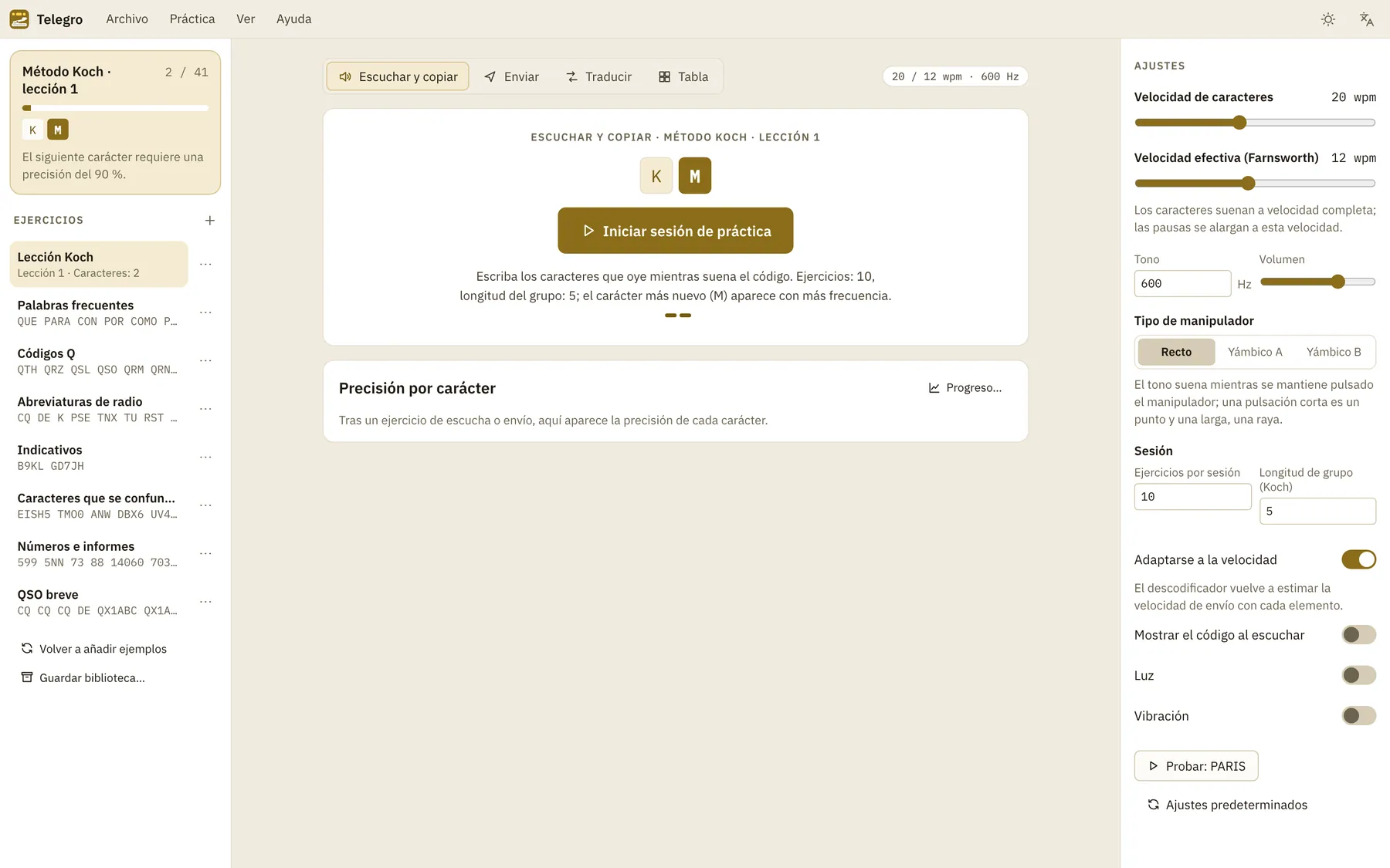 Captura de pantalla de Telegro: área de trabajo con contenido de ejemplo