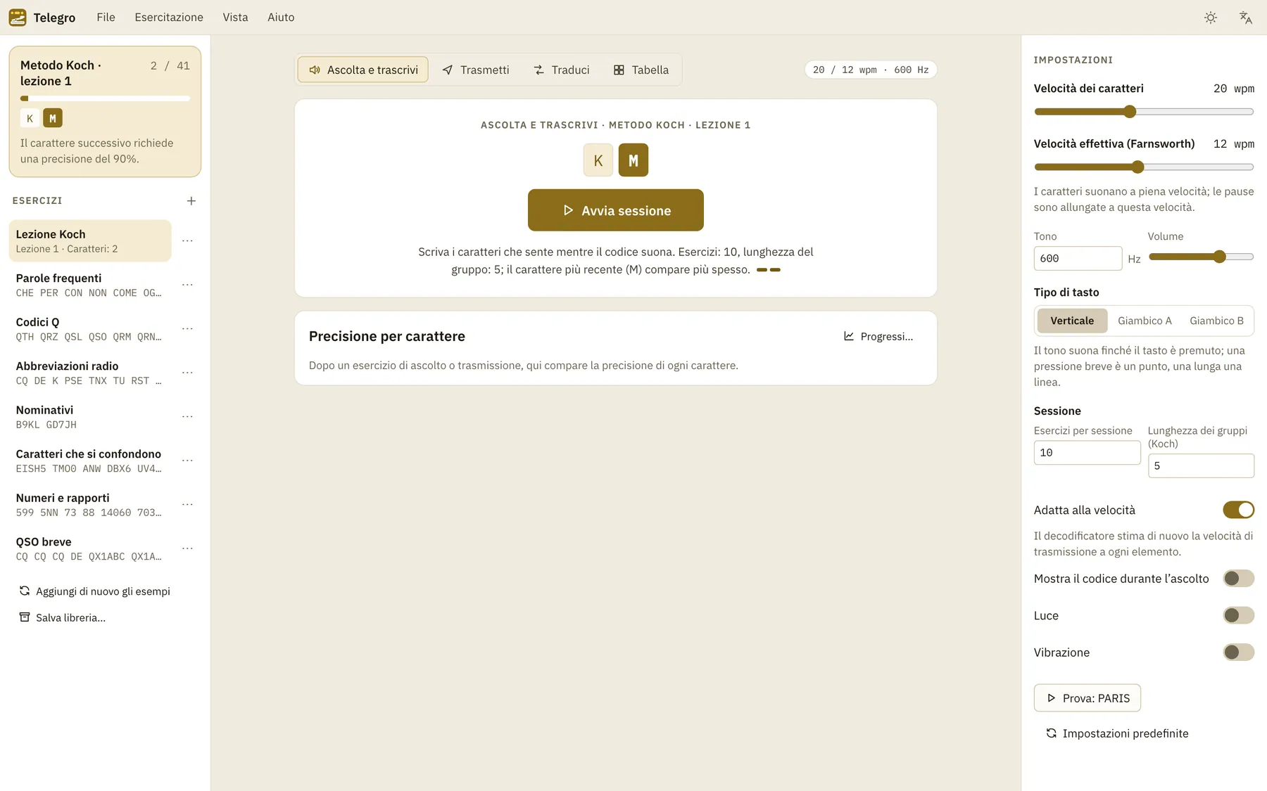 Screenshot di Telegro: area di lavoro con contenuto di esempio