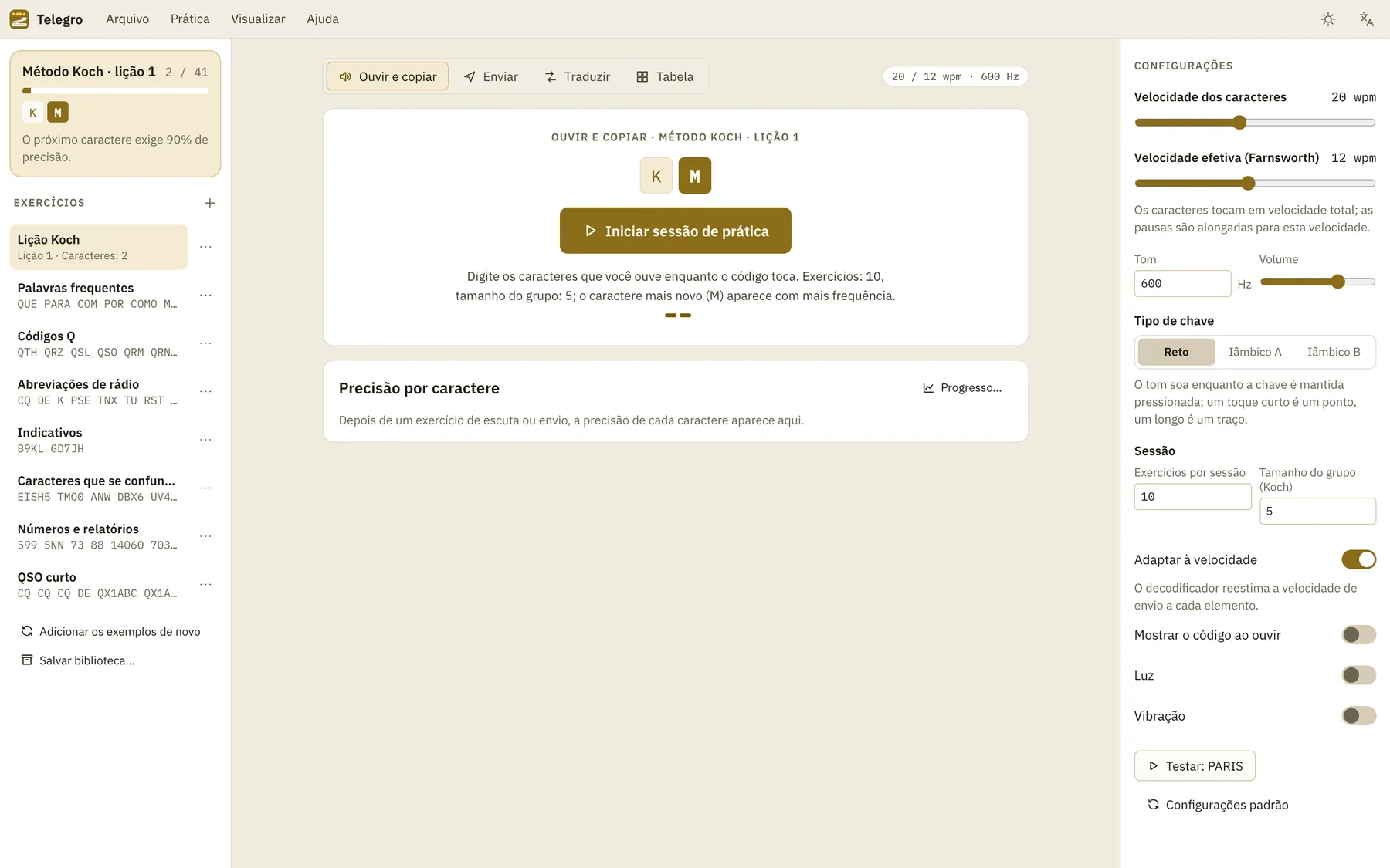 Captura de tela do Telegro: área de trabalho com conteúdo de exemplo