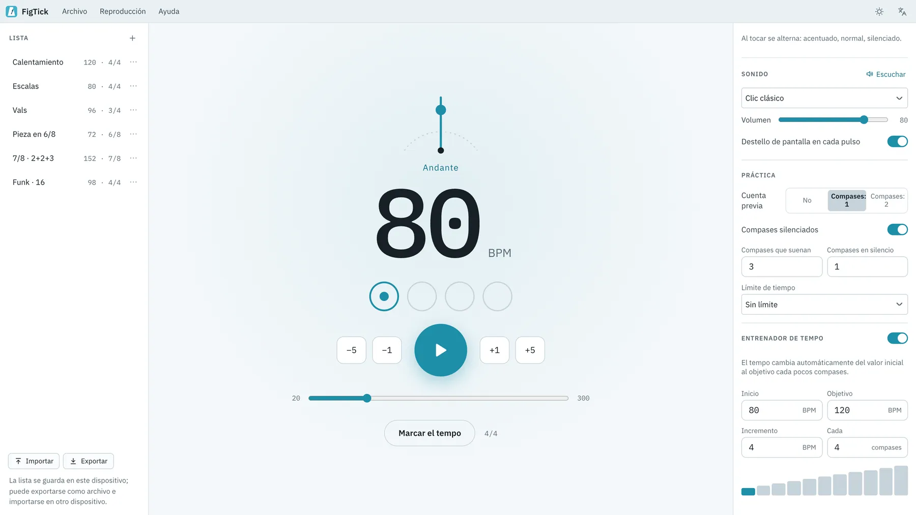 Captura de pantalla de Tikkora: área de trabajo con contenido de ejemplo