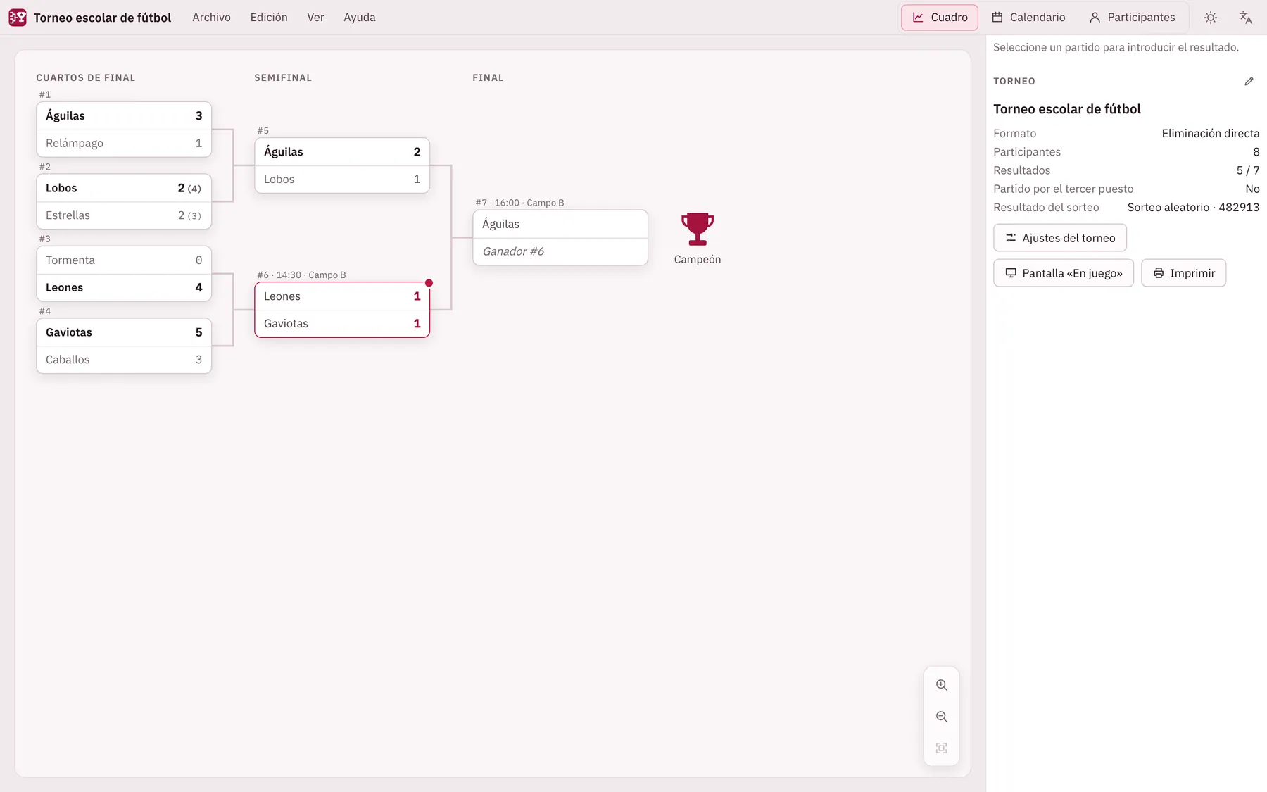 Captura de pantalla de Turnira: área de trabajo con contenido de ejemplo
