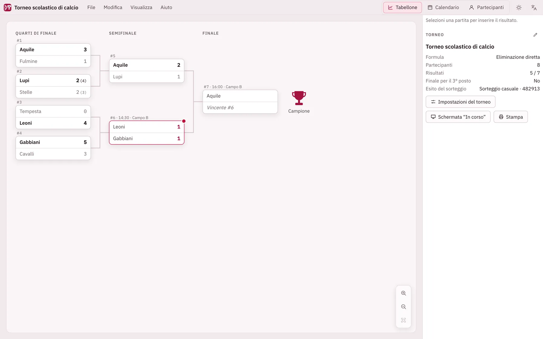 Screenshot di Turnira: area di lavoro con contenuto di esempio