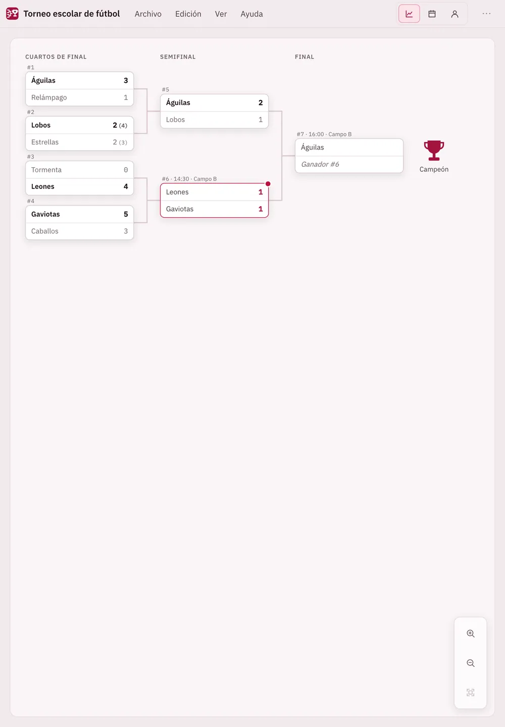 Captura de pantalla de Turnira: área de trabajo con contenido de ejemplo
