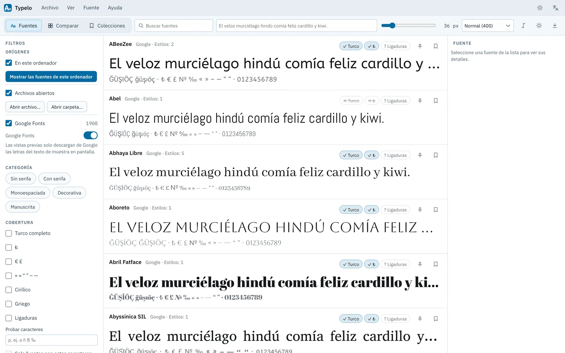 Captura de pantalla de Typelo: área de trabajo con contenido de ejemplo