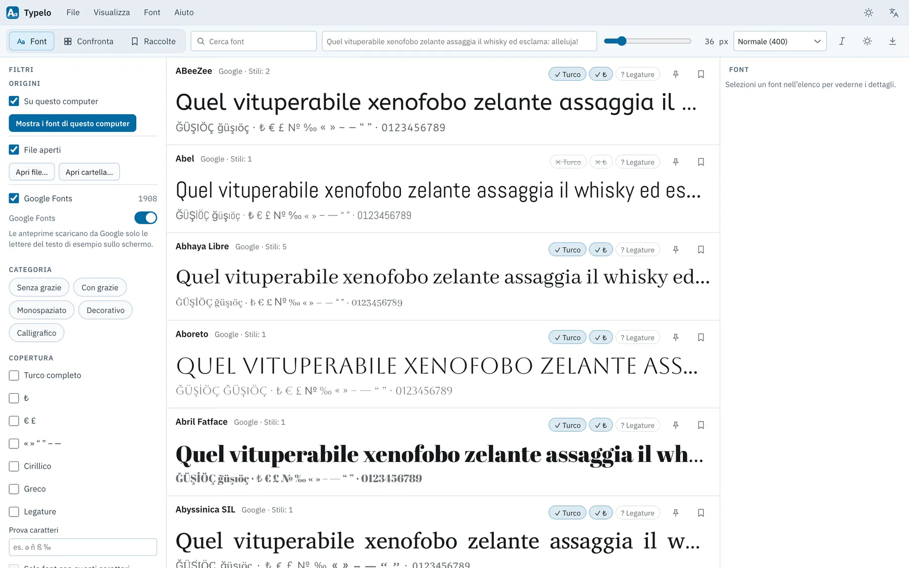 Screenshot di Typelo: area di lavoro con contenuto di esempio