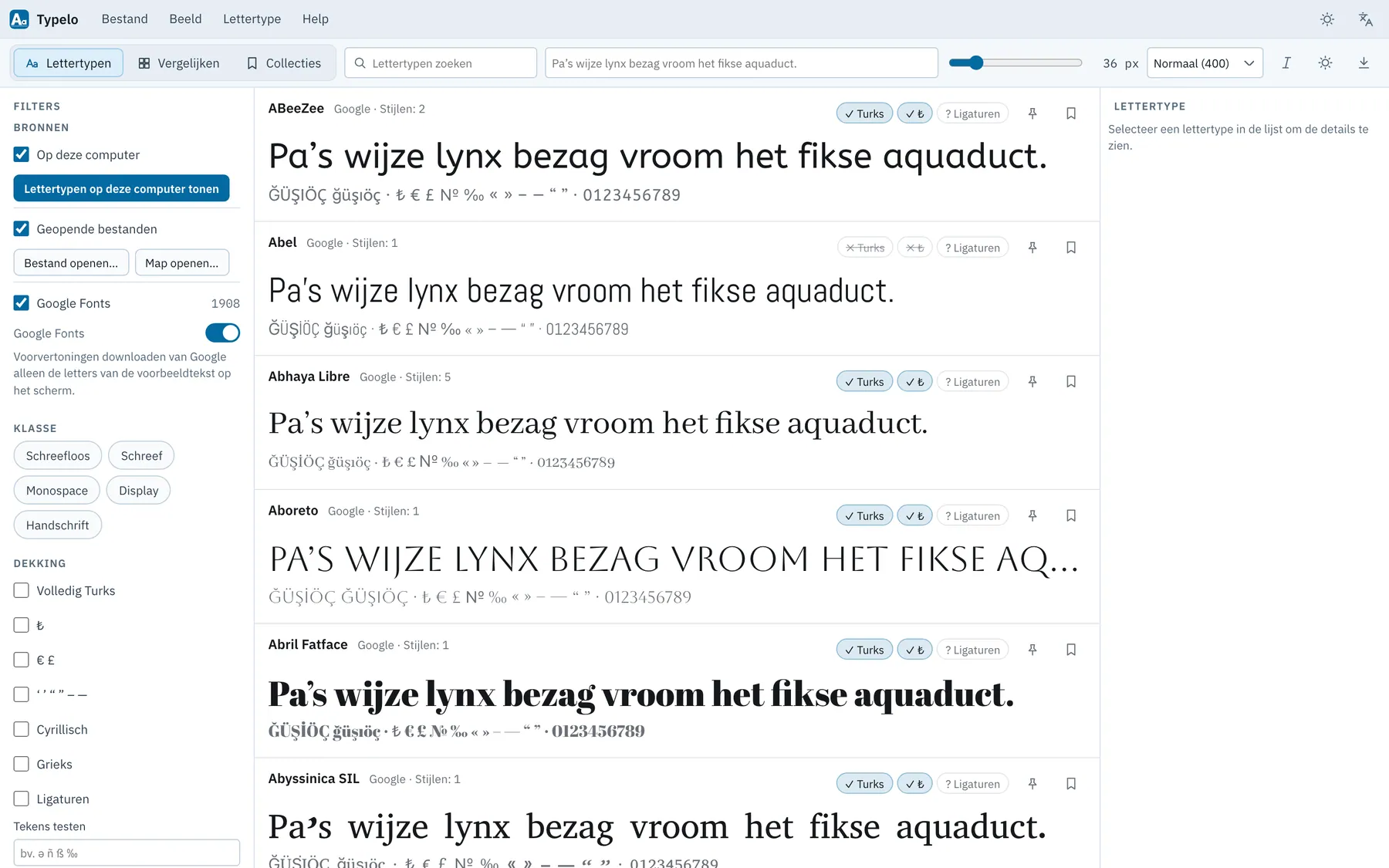 Schermafbeelding van Typelo: werkruimte met voorbeeldinhoud