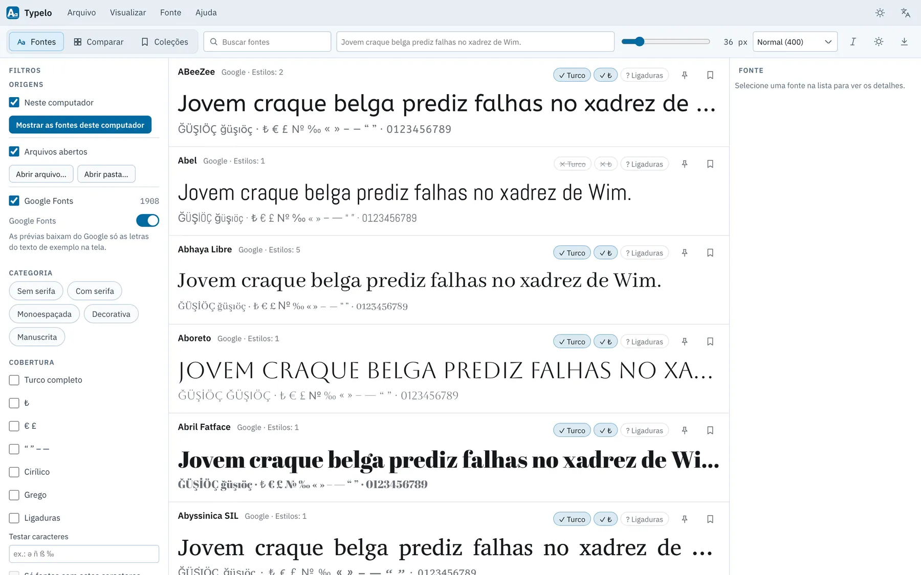 Captura de tela do Typelo: área de trabalho com conteúdo de exemplo