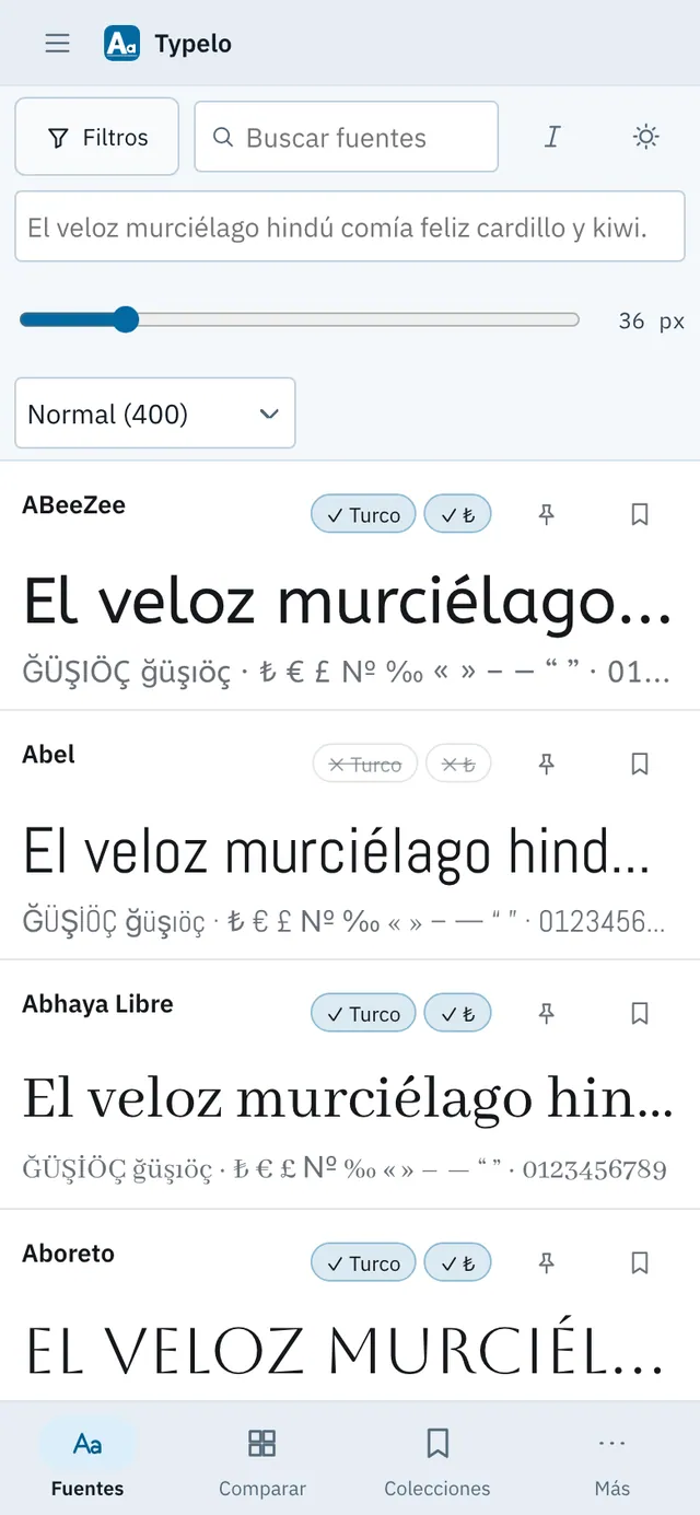 Captura de pantalla de Typelo: área de trabajo con contenido de ejemplo