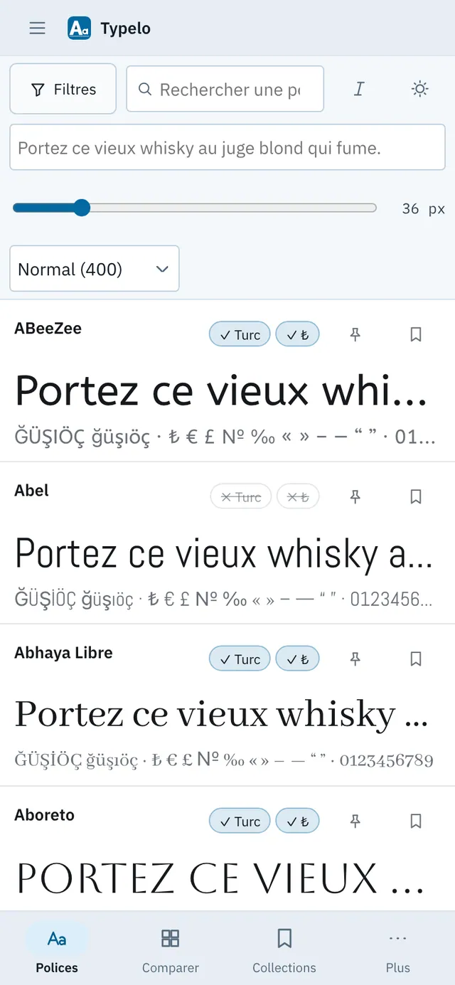 Capture d'écran de Typelo : espace de travail avec un contenu d'exemple