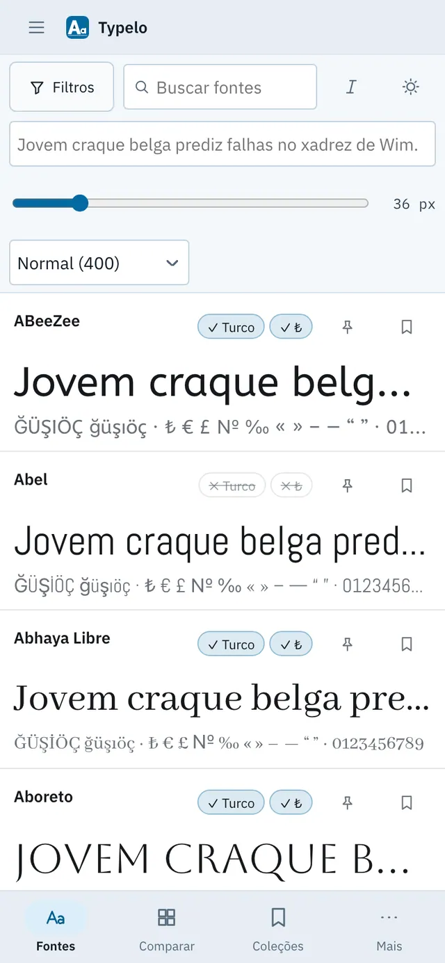 Captura de tela do Typelo: área de trabalho com conteúdo de exemplo
