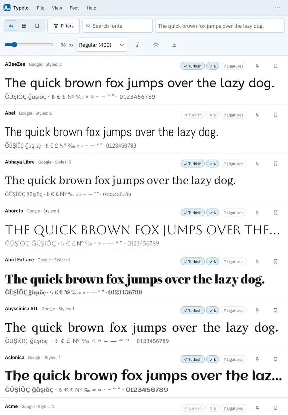 Typelo screenshot: workspace with sample content