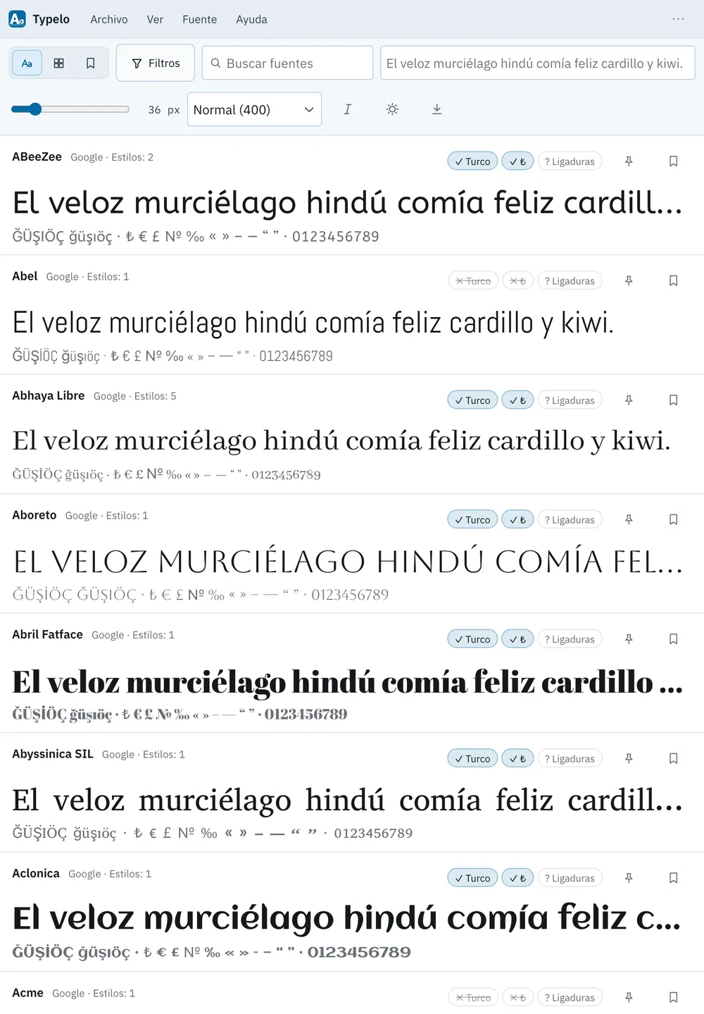 Captura de pantalla de Typelo: área de trabajo con contenido de ejemplo