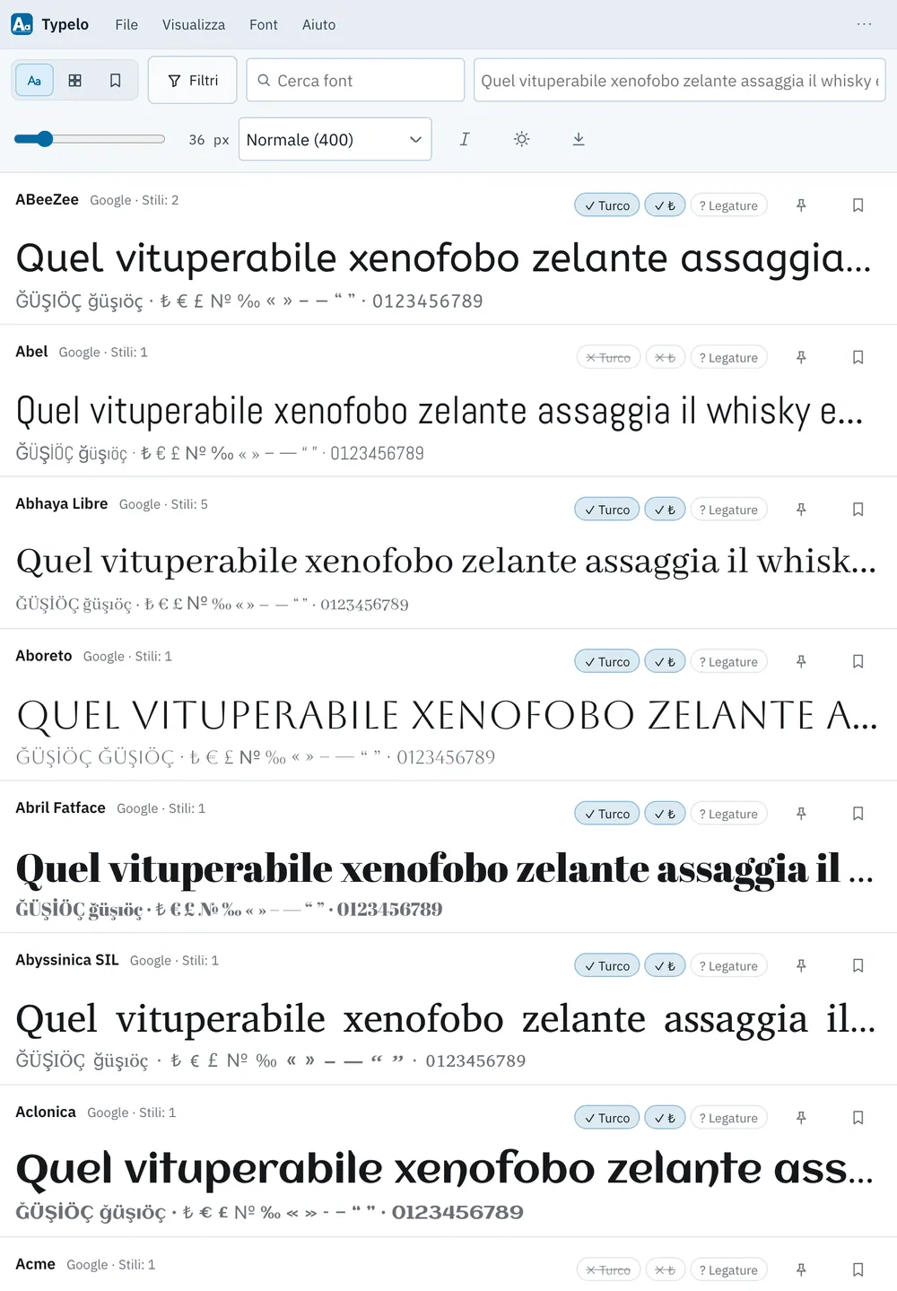 Screenshot di Typelo: area di lavoro con contenuto di esempio