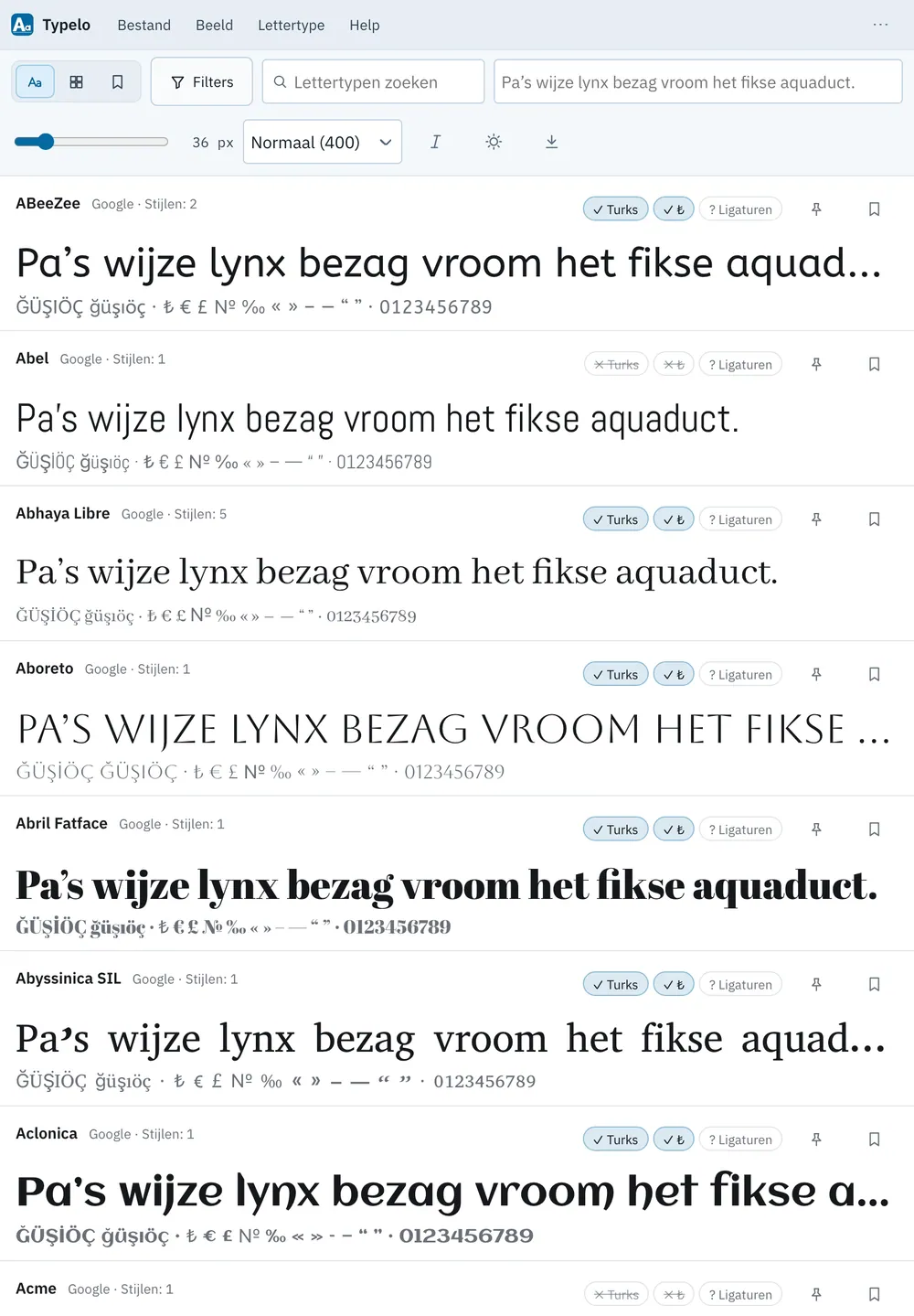 Schermafbeelding van Typelo: werkruimte met voorbeeldinhoud