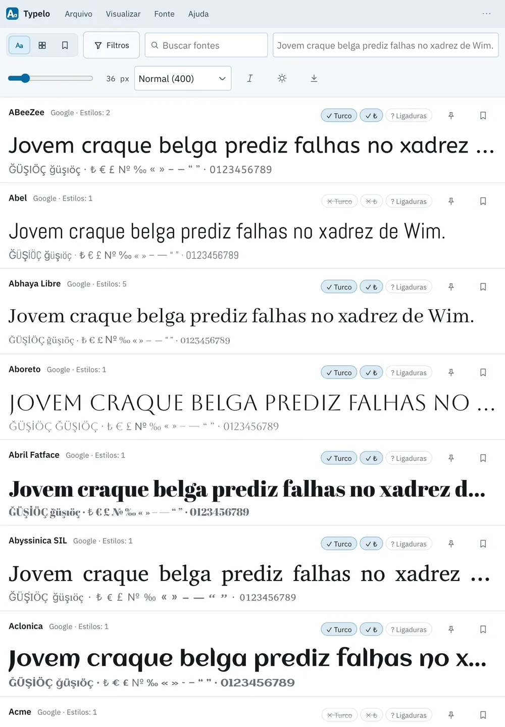 Captura de tela do Typelo: área de trabalho com conteúdo de exemplo