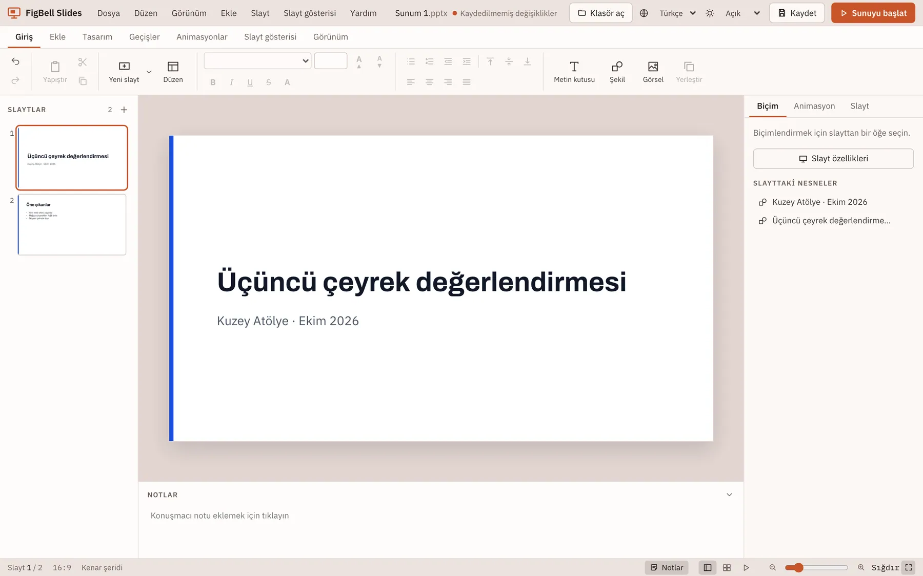 Vistelo ekran görüntüsü: örnek içerikle çalışma alanı